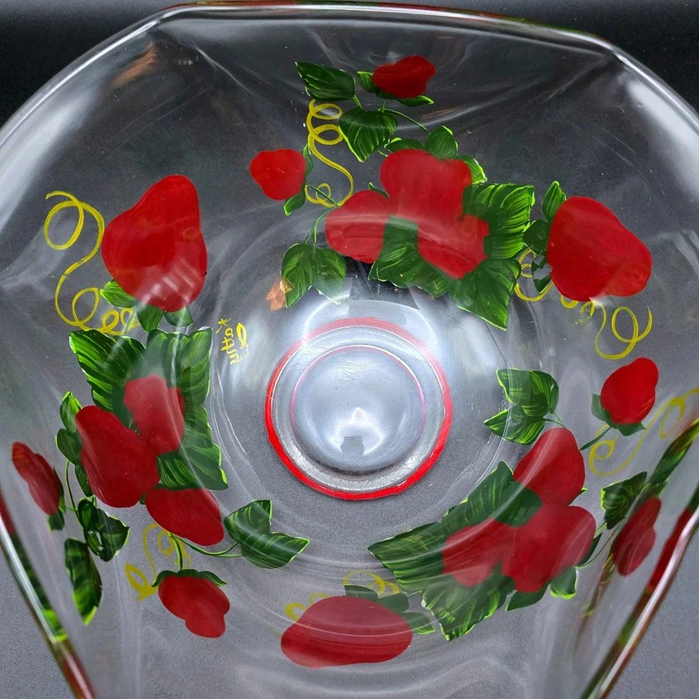 Hand Painted Strawberry Glass Serving Salad Bowl Triangular‎ Ruffled Clear Red